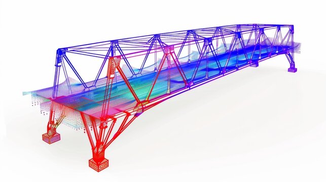 Bridge engineering structural analysis results of the finite element method calculation - stress fields in a truss bridge, tension in blue, compression in red
