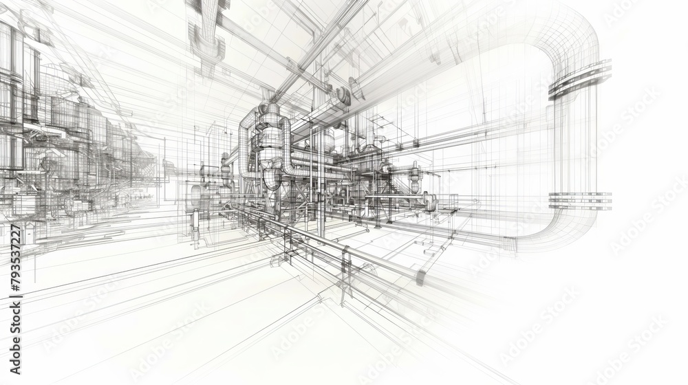 Poster sketch of industrial equipment rendered in wire-frame style with separated layers of visible and inv