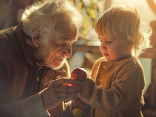 elderly person and a child. The setting should be casual and natural, possibly in a home environment where they are engaged in an everyday activity such as gardening or cooking together