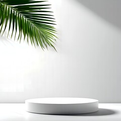 A round podium for demonstration with an empty middle in white tones, a lot of light and shadow, a palm leaf hanging from above