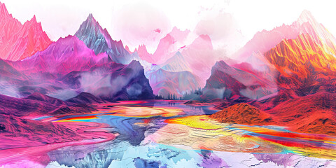 The Surreal Landscape: The Melting Mountains and Flowing Rivers - Picture melting mountains and flowing rivers, symbolizing the surreal and ever-changing nature of the psychedelic experience. - obrazy, fototapety, plakaty