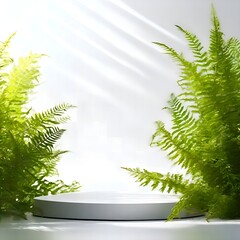 A round podium for demonstration with an empty middle in white tones, a lot of light and shadow, fern leaves on the sides