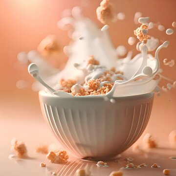 A bowl of crispy rice cereal splashing into milk