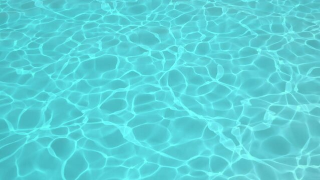 Zoom out SUMMER text 3D Falling on blue Water pools with beauty caustic on top view. 3D animation. Summer holiday idea concept.	