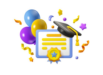 Graduate celebration vector 3d illustration. Graduation party, diploma with academic hat, balloons and confetti icon isolated on white background - 793538078