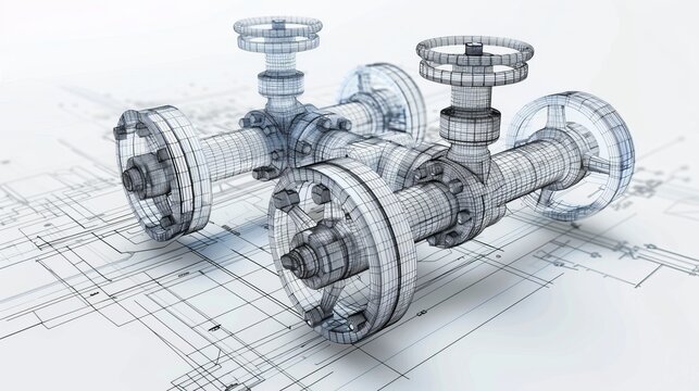 Vector rendering of an industrial valve in wire-frame style with separated layers of visible and invisible lines in orthography.