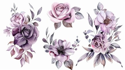 Watercolor transparent floral set isolated on white, comprising roses, leaves, and branches bundled in pastel pink, grey, violet, and purple hues, perfect for botanical wedding designs.