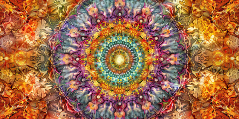 The Mandala of Existence: The Intricate Mandala and Infinite Layers - Visualize an intricate mandala with infinite layers, symbolizing the complexity and beauty of existence revealed during a psychede