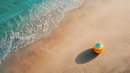 A yellow and red beach ball is sitting on the sand near the water. The beach ball is the only object in the image, and it is the main focus of the scene