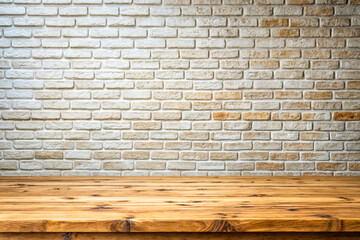 Wooden board empty table against white brick wall background.