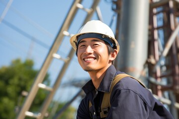 smiling electronic engineer, adorned in green safety attire and helmet, stands confidently beside solar panels to advancing renewable technologies.