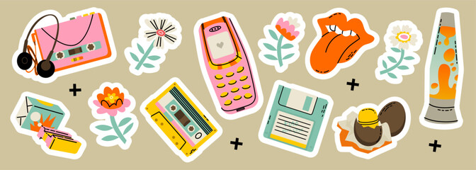 A set of stickers for girls in a modern flat style. Cultural items from the 90s and 2000s, flowers. Vector illustration isolated on a color background.