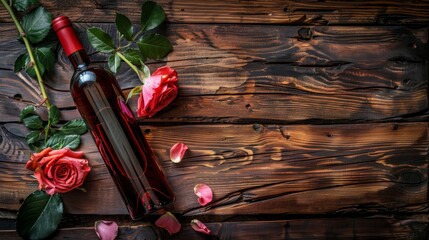 Obraz premium A sophisticated presentation of a wine bottle with vibrant red roses on a rustic dark wooden background.