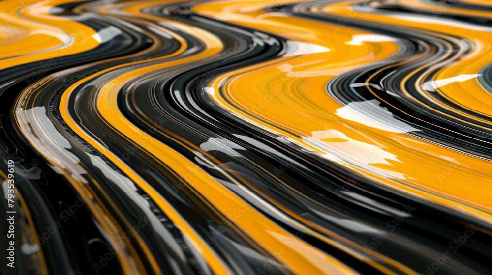 Poster dynamic abstract background with wavy yellow and black lines and a reflective surface.