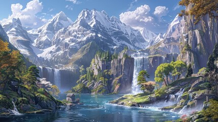 Experience the sublime beauty of nature's bounty, as snow-capped mountains stand tall against the backdrop of tranquil seas and the soothing melody of cascading waterfalls. - obrazy, fototapety, plakaty