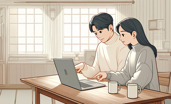 A Japanese couple happily talking over a laptop. illustration material｜ラップトップ越しに楽しそうに話し合う日本人カップル。イラスト素材