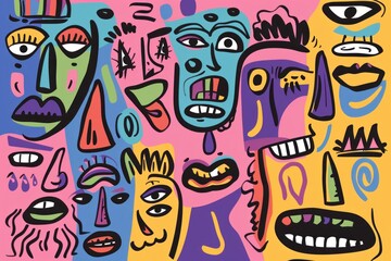 Cartoon cute doodles of abstract faces expressing a range of emotions through bold strokes and vivid colors, Generative AI