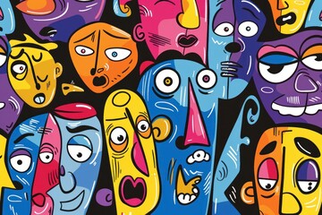 Cartoon cute doodles of abstract faces expressing a range of emotions through bold strokes and vivid colors, Generative AI