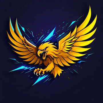 A golden eagle with its wings spread out and claws outstretched. The eagle is in a blue background