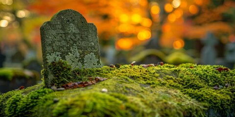 A moss-covered tombstone in a cemetery with autumn foliage in the soft-focus background.
