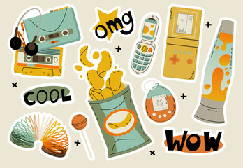 A set of y2k stickers in a modern flat style. Culture and attributes of the 90s and 00s. Toys, youth, nostalgia. Vector illustration isolated on a color background.