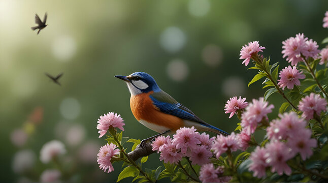 Robin bird in Spring season on a tree branch covered with purple flowers. Generative AI
