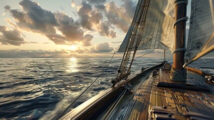 Set sail into the horizon with a realistic close-up of sailing, where the vast expanse of water meets the endless sky, evoking a sense of freedom and exploration.