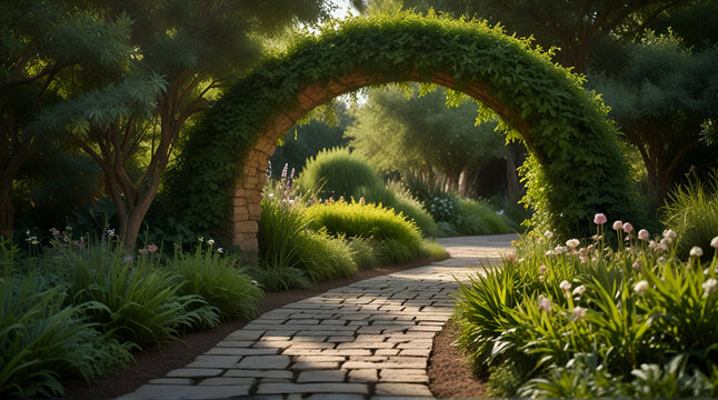 Stone garden path in the middle of summer cottage flowers, shrubs, trees
path in the garden Abor day. Generative. Ai