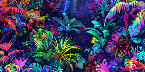 The Electric Jungle: The Neon Flora and Fauna - Imagine neon-colored plants and animals in a vibrant, electric jungle, symbolizing the heightened sensory perception and vivid imagery