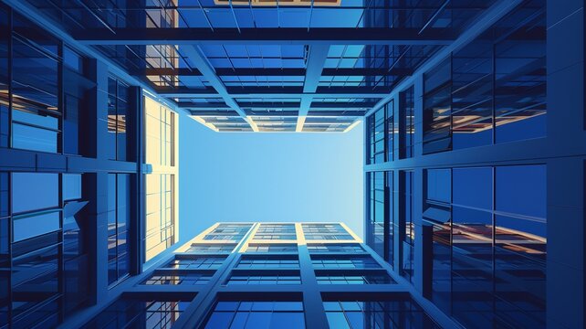 Isometric square bottom view from inside building. Architecture art, design abstract background, or construction industry concept
