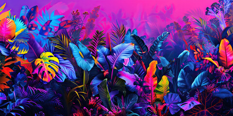The Electric Jungle: The Neon Flora and Fauna - Imagine neon-colored plants and animals in a vibrant, electric jungle, symbolizing the heightened sensory perception and vivid imagery - obrazy, fototapety, plakaty