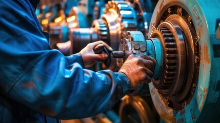 Close-up view of an engineer's skilled hands as they conduct maintenance on large machinery, exemplifying precision and dedication in their work.