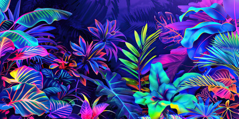 The Electric Jungle: The Neon Flora and Fauna - Imagine neon-colored plants and animals in a vibrant, electric jungle, symbolizing the heightened sensory perception and vivid imagery - obrazy, fototapety, plakaty