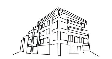 Modern architecture building.continuous line drawing of commercial building house. Single-line Modern residential building isolated on a white background.