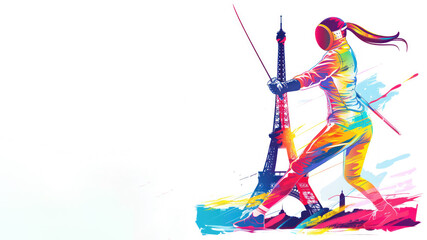 Colorful illustration of female fencer holding a sword by eiffel tower
