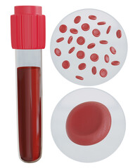 3D Rendering Blood test and close up cells transparent