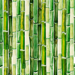 Bamboo watercolor background from stems in green shades, lush jungle grass.Vertical arrangement, natural minimalist style, East Asian theme,wallpaper or print for fabric, paper, interior decor, dishes