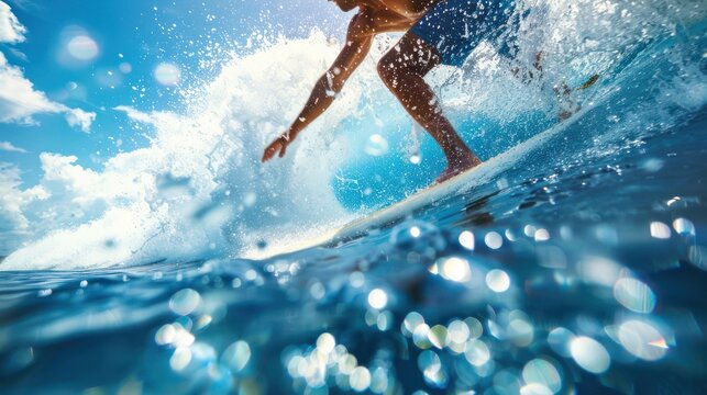 Immerse yourself in the excitement of surfboarding as this close-up photo captures the dynamic energy and sheer joy of riding the waves on a sunny day.