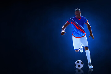 3d illustration young professional soccer player running on dark blue background
