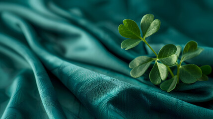 A green leaf is on a piece of fabric. The leaf is surrounded by a patterned background. The image has a calm and peaceful mood - obrazy, fototapety, plakaty