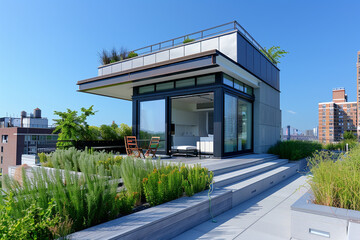 A compact and modern city dwelling with a rooftop terrace and clean lines, captured on a clear, sunny summer day.