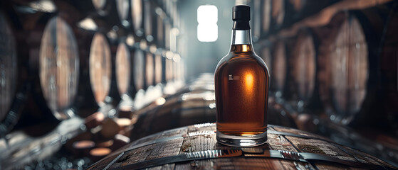 A bottle of whiskey is sitting on a wooden barrel