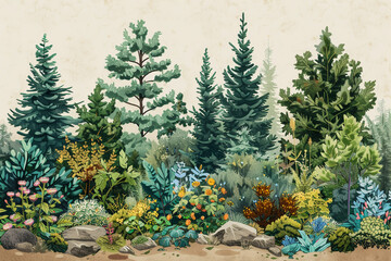landscape with trees and flowers