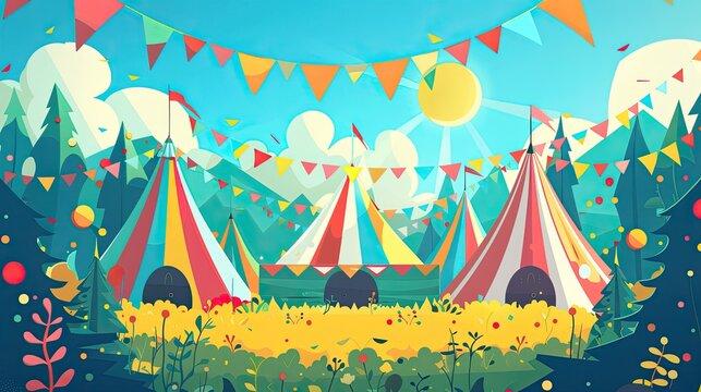 Graphic design of a summer festival with colorful tents and flags