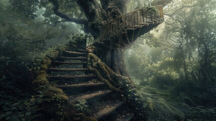 Spiral staircase winding around a large ancient tree in a forest - obrazy, fototapety, plakaty