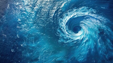 Whirlpool in a blue ocean seen from above creating a natural spiral - obrazy, fototapety, plakaty