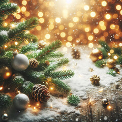 Obraz na płótnie Canvas Frosty Christmas Bough, Winter Wonderland Christmas Tree with baubles and decorations