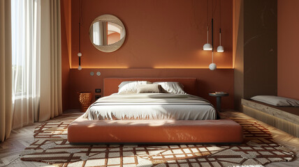 A modern terracotta bedroom with a sleek, low-profile bed and a stylish, geometric-patterned rug.