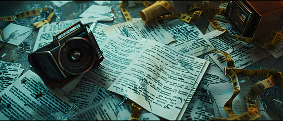 A camera is on top of a pile of papers. The papers are scattered and crumpled, and there are yellow tape measures and scissors nearby. The scene appears to be chaotic and disorganized, with the camera - obrazy, fototapety, plakaty