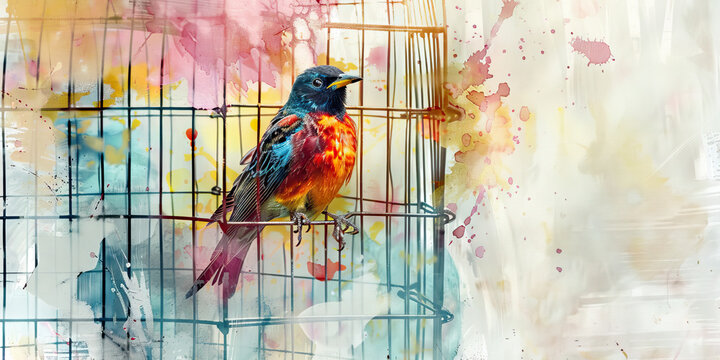 Caged Bird: The Confined Bird and Longing for Freedom - Visualize a bird in a cage, symbolizing the confinement and longing for freedom experienced by animals in a lab